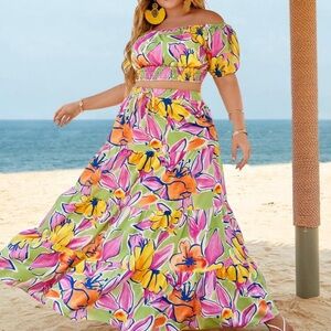SHEIN Pink and Yellow Maxi A-Line Skirt Resort Wear